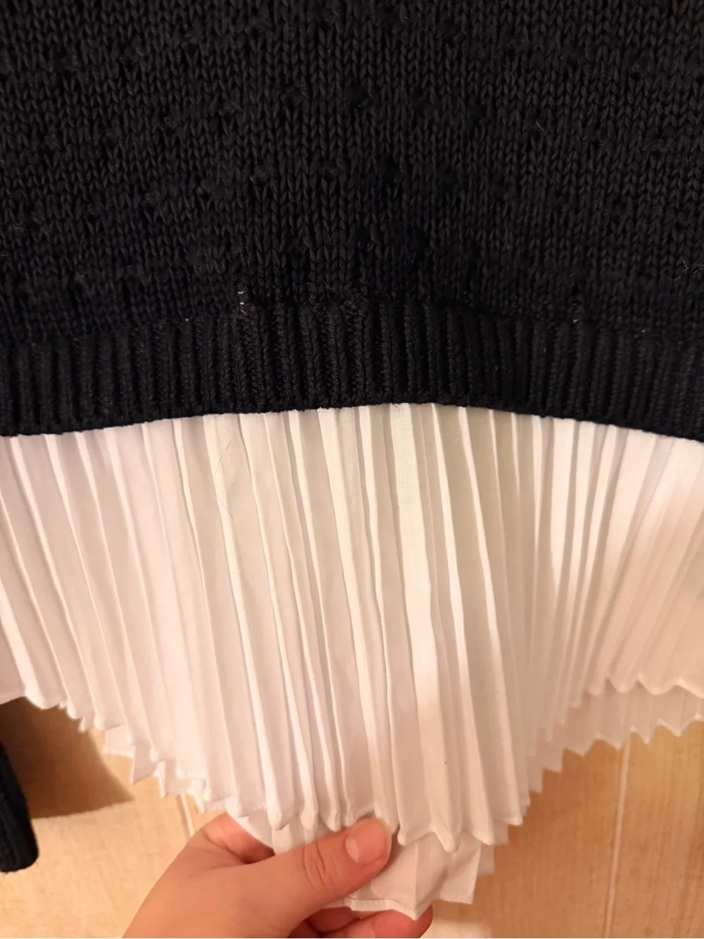 Anthropologie Black Open-Knit Sweater with White Pleated Hem
